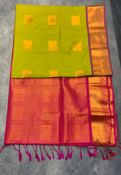 Soft Vegan Silk Saree Apple Green Colour with Pink and Copper Border