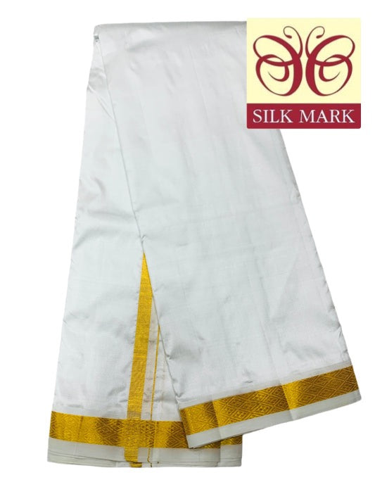 9X5 Pure Silk Dhoti White Colour with Medium Border