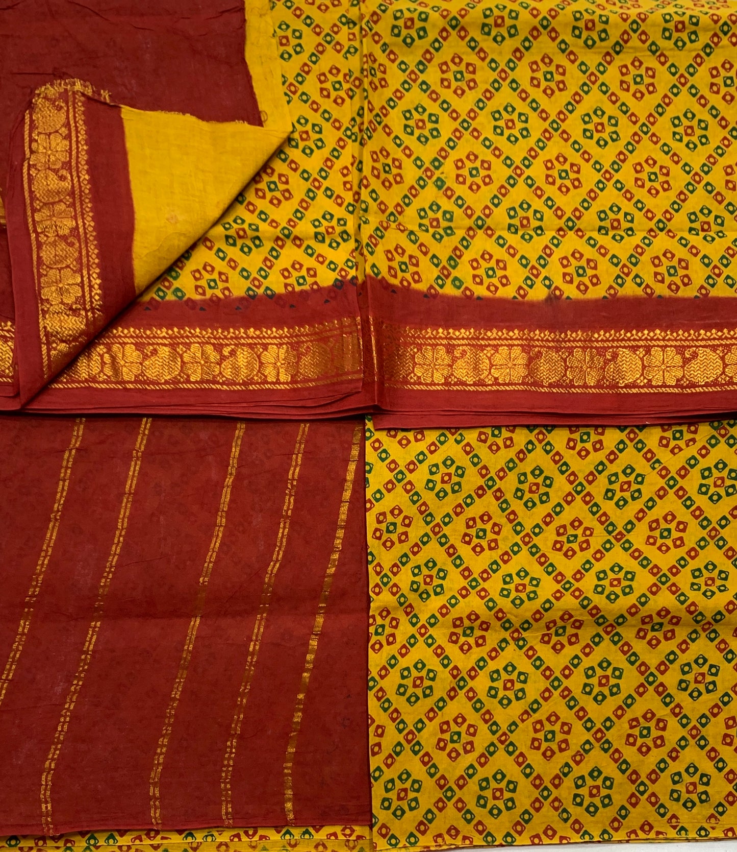 Chettinad Sungudi Cotton Mustard Colour with Red Colour Border