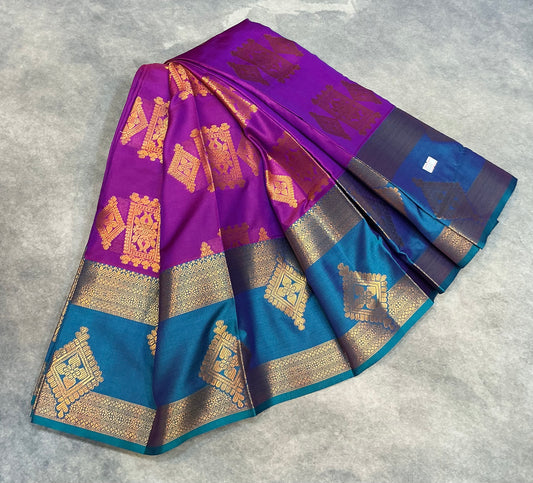 Soft Silk Casual Saree Purple Colour with Rettai Rama Green Colour Border
