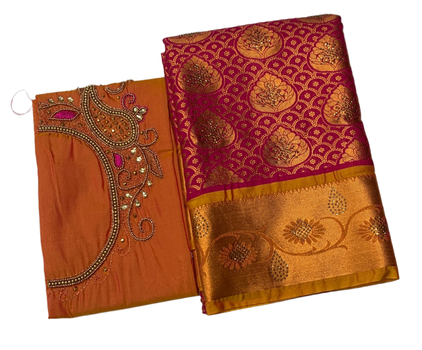 Bridal Vegan Silk Saree Pink Colour with Golden Yellow Border with Unstitched blouse in Aari work