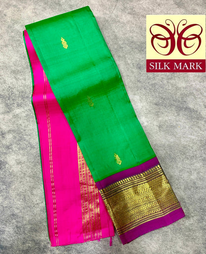 Pure Kanchipuram Silk Saree Light Green Colour with Purple and Gold Zari Border