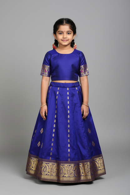 Blue shade Semi Silk Kids Pattu Pavadai with Contrast border for age above 10 years
