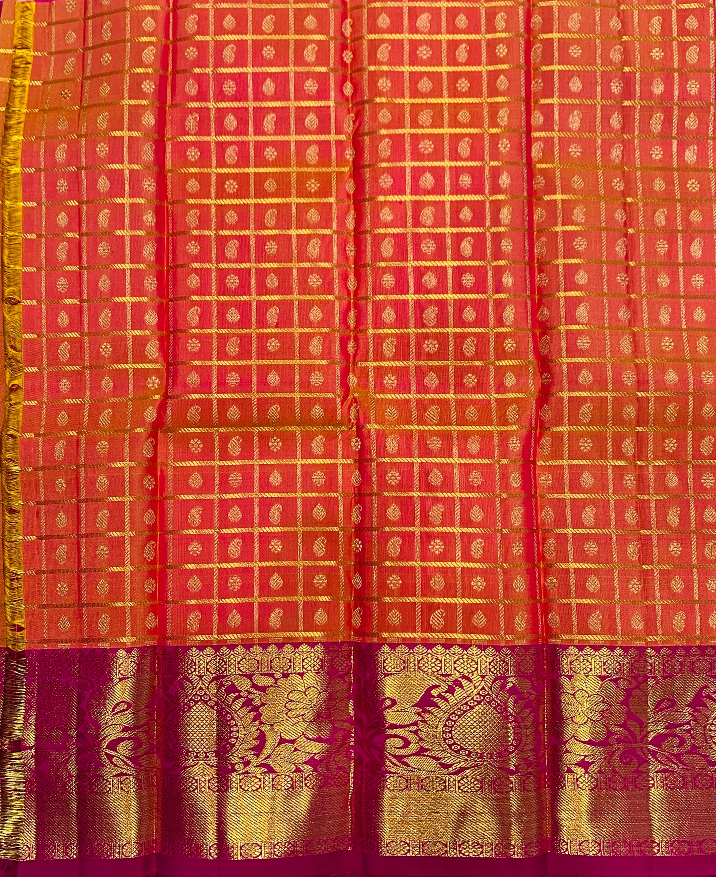 Peach shade Pure kanchipuram Kids Pattu Pavadai with contrast border for newborn to 2 Years