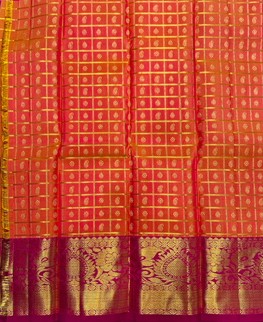 Peach shade Pure kanchipuram Kids Pattu Pavadai with contrast border for newborn to 2 Years