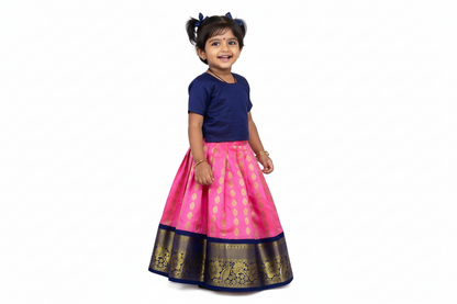 Rose Milk Colour Pure Kanchipuram Kids Pattu Pavadai with Contrast border for age 2 to 5