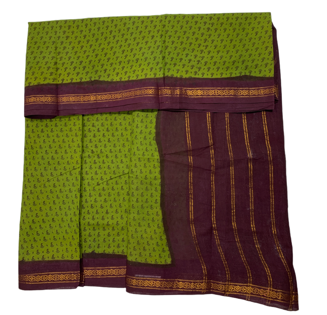 9 yards Cotton Saree Olive Green Colour with Brown Border