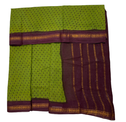 9 yards Cotton Saree Olive Green Colour with Brown Border