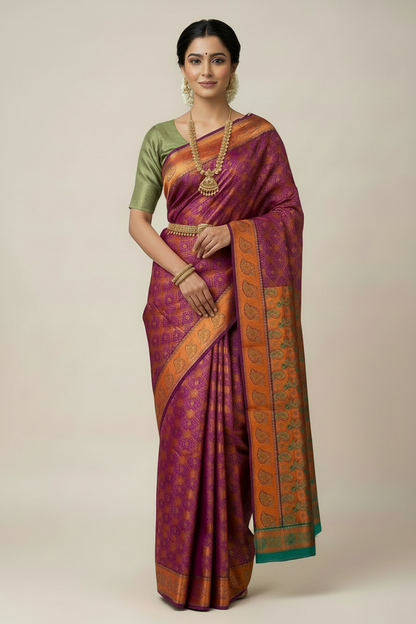 Vegan Silk Saree Magenta Colour with Pink and Copper Border