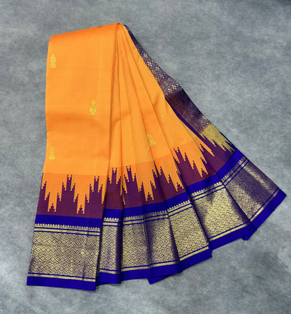 Semi Silk Saree Mango Yellow Colour with Violet and Gold Zari Border