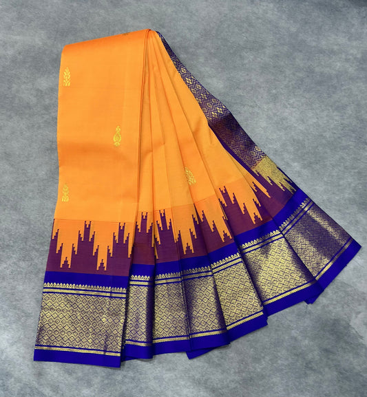 Semi Silk Saree Mango Yellow Colour with Violet and Gold Zari Border