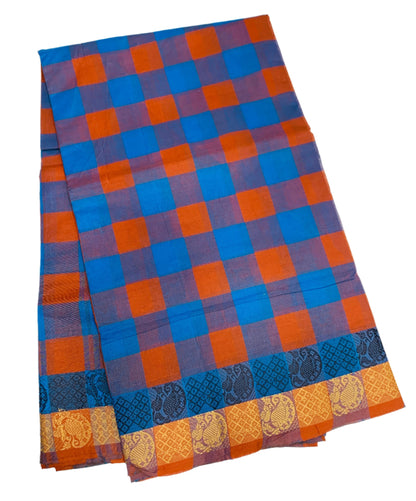 Chettinad Cotton Saree Blue and Orange Colour with Checked Design