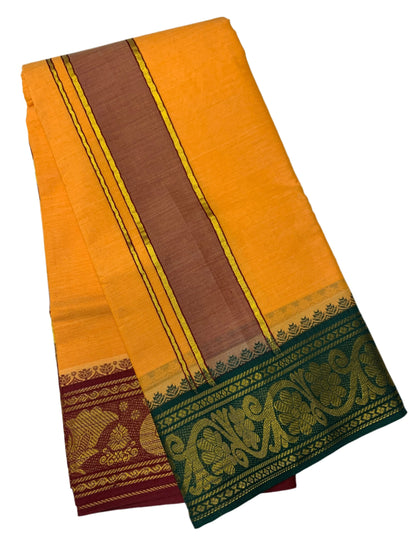 9X5 Cotton Dhoti Mango Yellow Colour with Green and Maroon Border