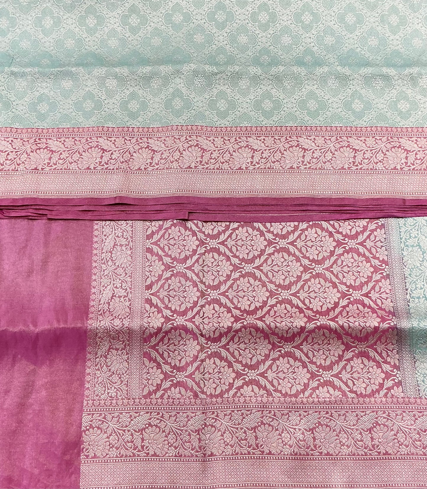 Pure Banaras Silk Saree Mint Green Colour with Rani Pink Banarasi border