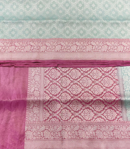 Pure Banaras Silk Saree Mint Green Colour with Rani Pink Banarasi border