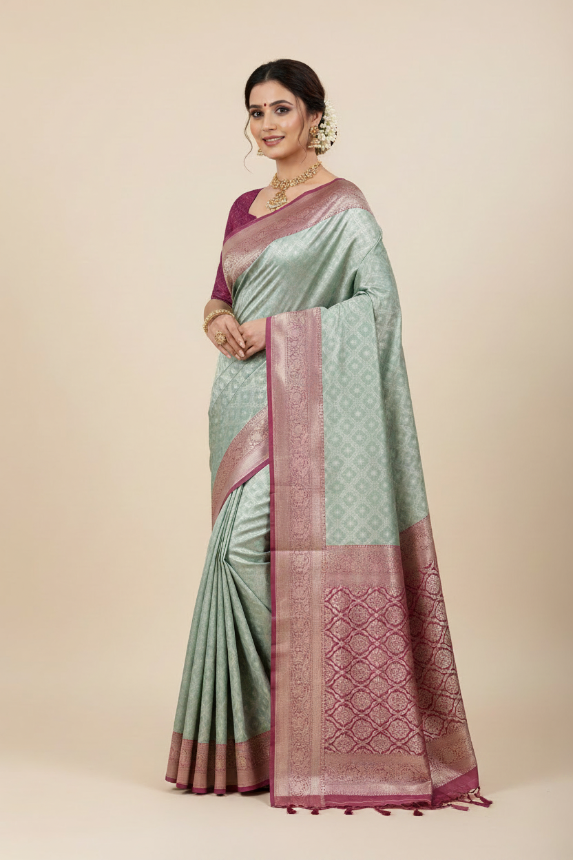 Pure Banaras Silk Saree Mint Green Colour with Rani Pink Banarasi border