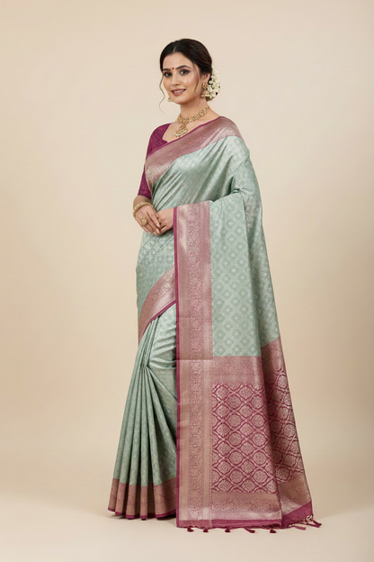 Pure Banaras Silk Saree Mint Green Colour with Rani Pink Banarasi border