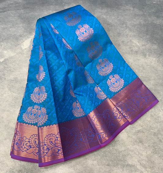Vegan Silk Saree Blue Colour Saree with Copper and Floral Design