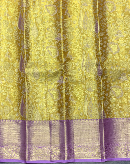 Mustard Yellow Shade Pure Kanchipuram Kids Pattu Pavadai with Contrast Border for Newborn to 2 Years