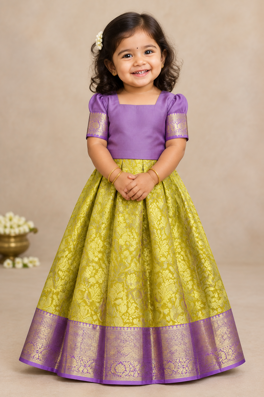 Mustard Yellow Shade Pure Kanchipuram Kids Pattu Pavadai with Contrast Border for Newborn to 2 Years