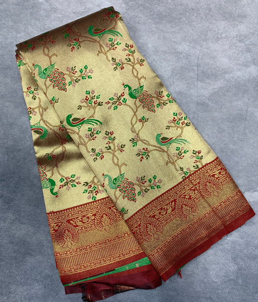 Fancy Tissue Saree Golden Colour with Maroon Border
