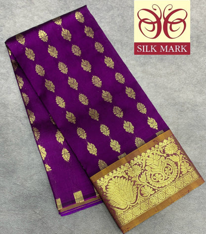 Purple Shade Pure Kanchipuram Kids Pattu Pavadai with Contrast Border for Newborn to 2 Years