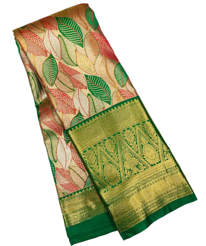 Orange & Green Leaf Soft Kanchi Tissue Pattu Saree with Green border