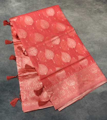Banaras Katan Saree Peach Pink Colour with Katan Work Border