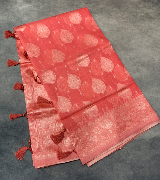 Banaras Katan Saree Peach Pink Colour with Katan Work Border