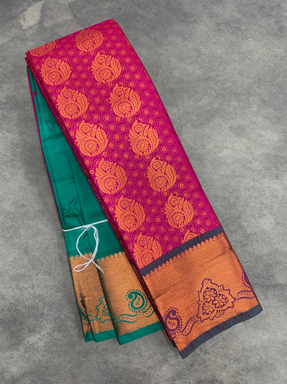 Vegan Silk Saree Pink Colour with Green and Copper Border