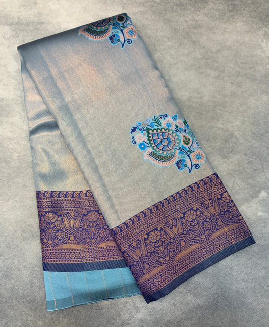 Fancy Tissue Saree Sky Blue Colour with Navy Blue Border