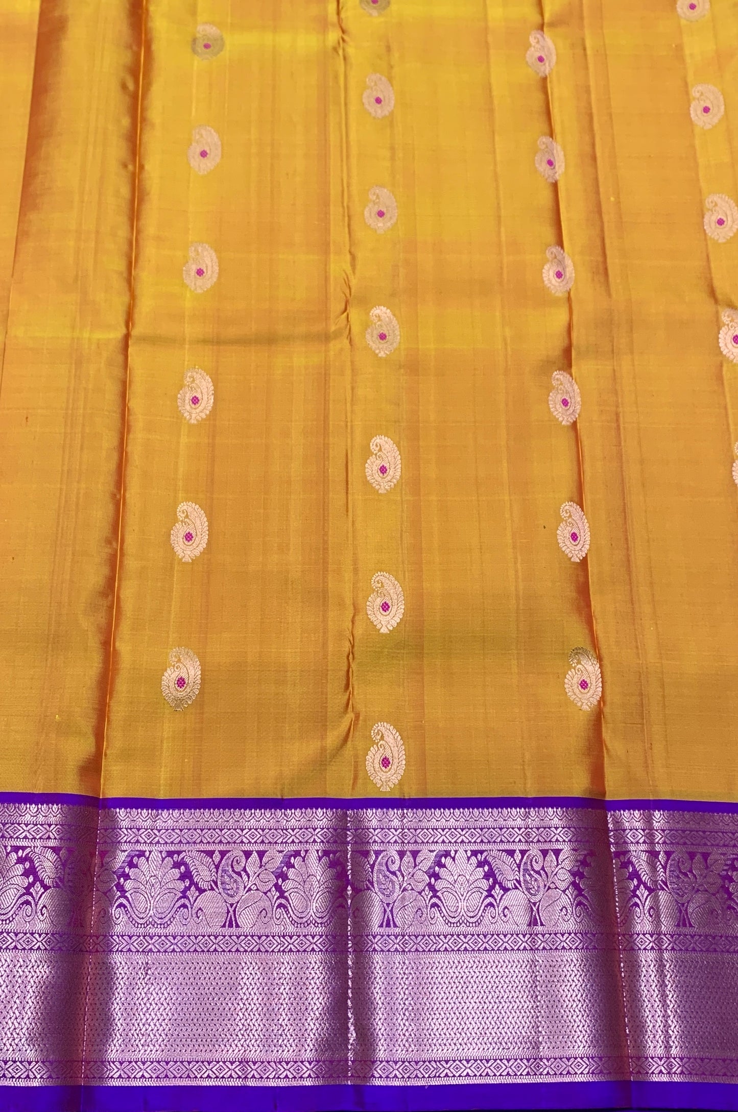 Pure Kanchipuram Silk Saree Mango Yellow Colour with Purple Border
