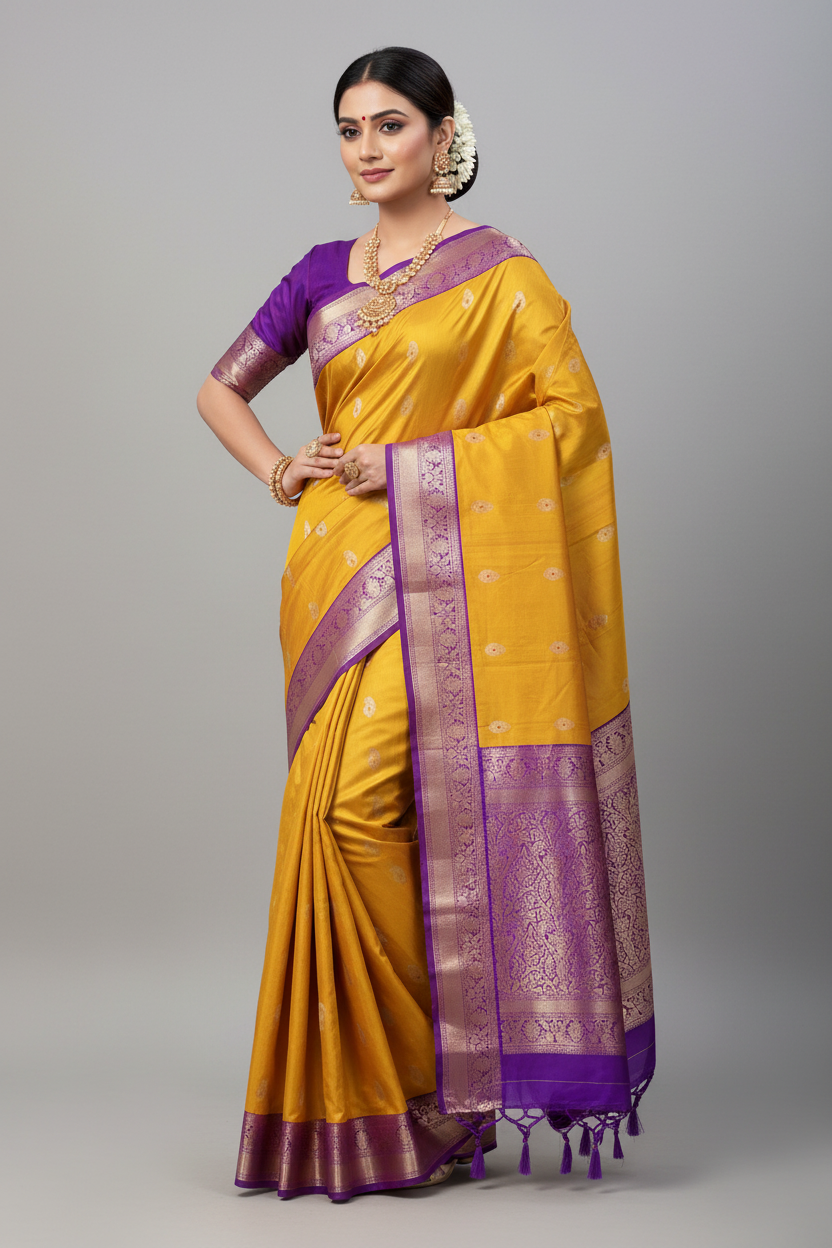 Pure Kanchipuram Silk Saree Mango Yellow Colour with Purple Border