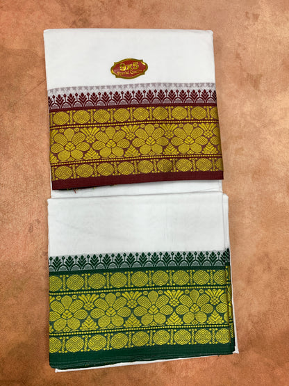 9X5 Cotton Dhoti White with Brown and Green Ganga Jamuna Border