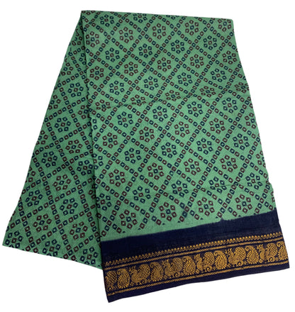 Chettinad Sungudi Cotton Pista Green Colour with Navy Blue Border