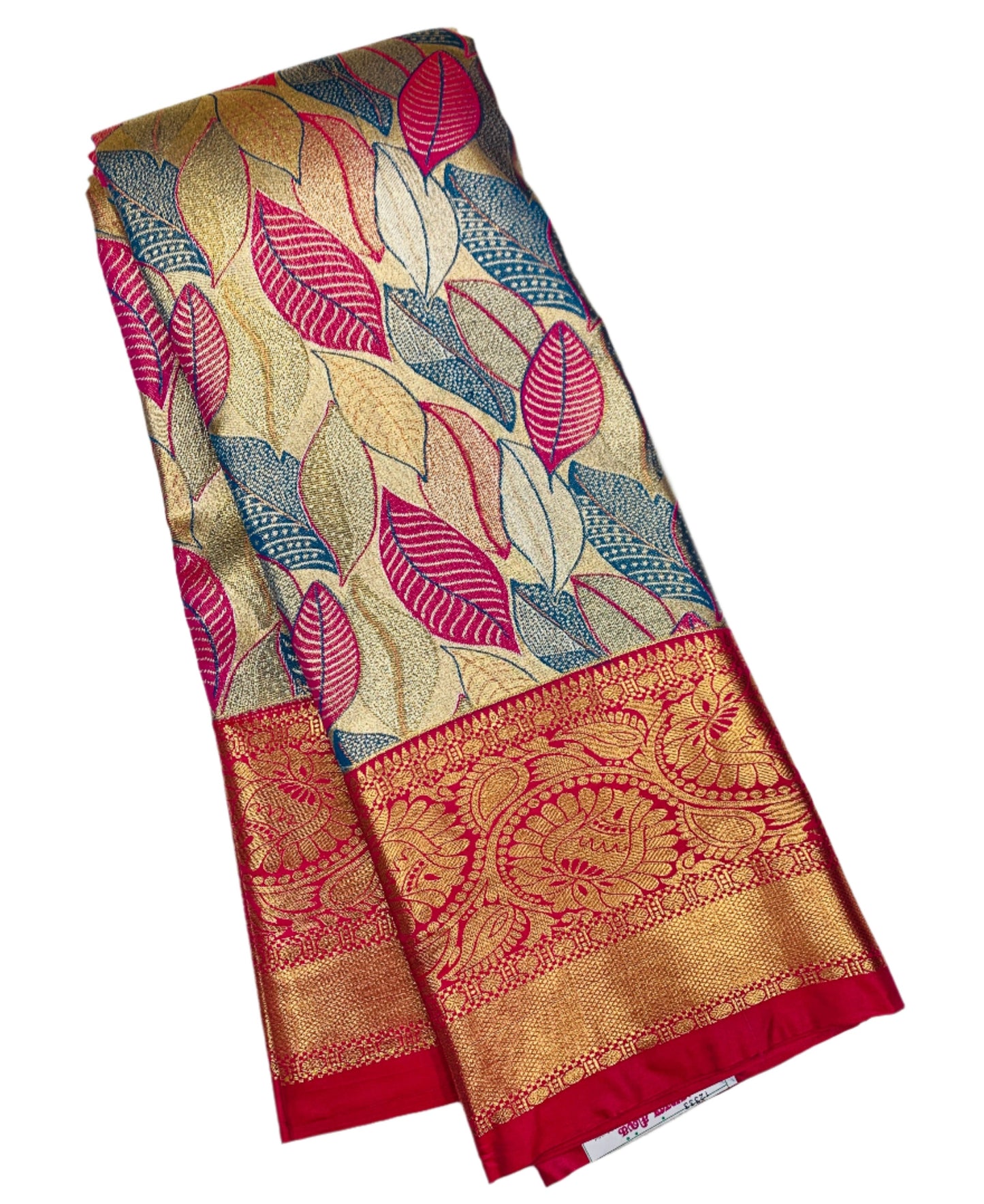 Sky Blue & Pink Leaf Soft Kanchi Tissue Pattu Saree with Pink border