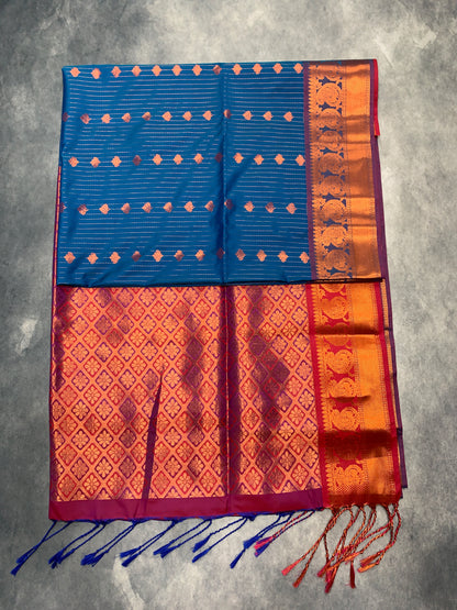 Soft Vegan Silk Saree Sky Blue Colour with Pink and Copper Border
