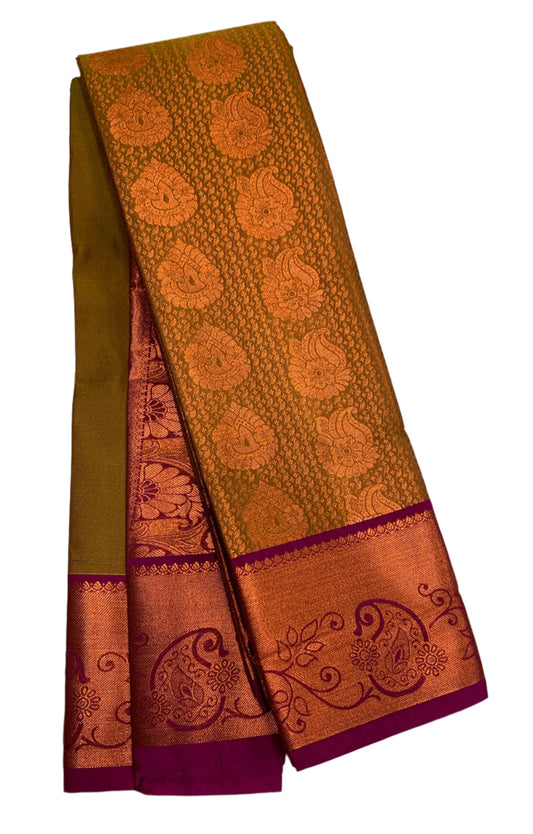 Vegan Silk Saree Golden Yellow Colour with Copper and Pink Border