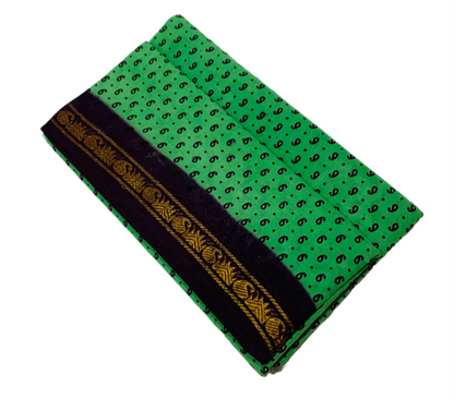 9 yards Cotton Saree Pista Green Colour with Brown Border