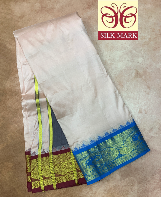 9X5 Pure Silk Dhoti Peach Colour with Sky Blue and Brown Ganga Jamuna Border
