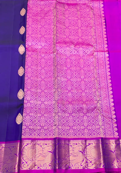 Pure Kanchipuram Silk Saree Blue Colour with Magenta Border