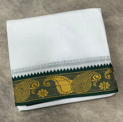 9X6 Cotton Dhoti White Colour with Green and Sky Blue Border with Angavastram