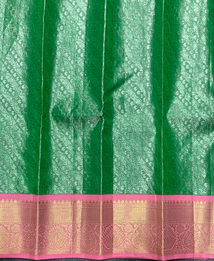 Light Green Shade Pure Kanchipuram Kids Pattu Pavadai with Contrast Border for Newborn to 2 Years