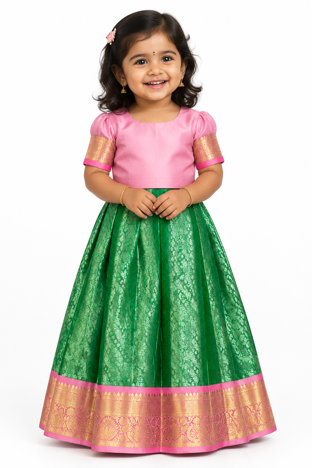 Light Green Shade Pure Kanchipuram Kids Pattu Pavadai with Contrast Border for Newborn to 2 Years