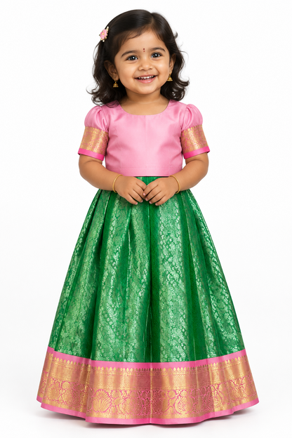 Light Green Shade Pure Kanchipuram Kids Pattu Pavadai with Contrast Border for Newborn to 2 Years