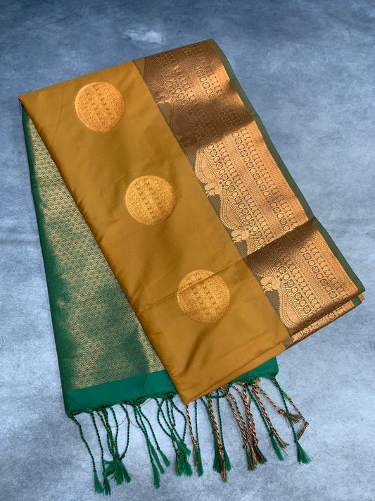 Soft Vegan Silk Saree Mustard Colour with Green and Copper Border