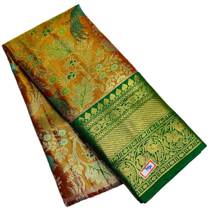 Golden Orange Shade Vegan Silk Kids Pattu Pavadai with Contrast Border for Newborn to 2 Years
