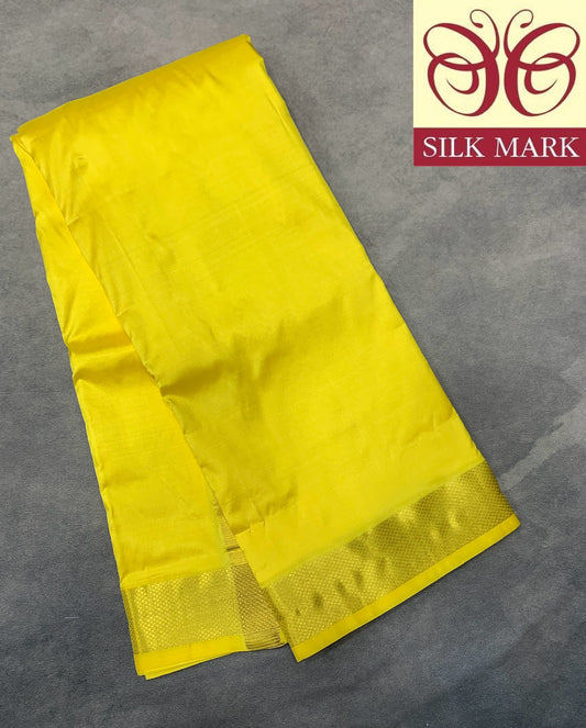 9X5 Pure Silk Dhoti Lime Yellow with Large Golden Zari Border