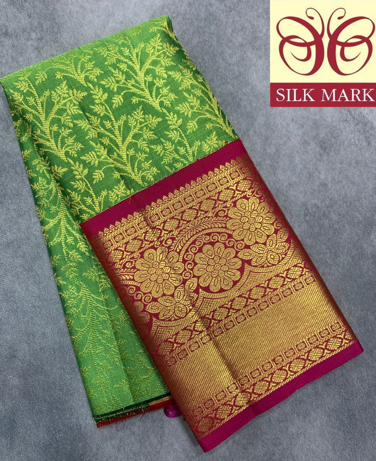 Parrot Green Shade Pure Kanchipuram Kids Pattu Pavadai with Contrast Border for Newborn to 2 Years