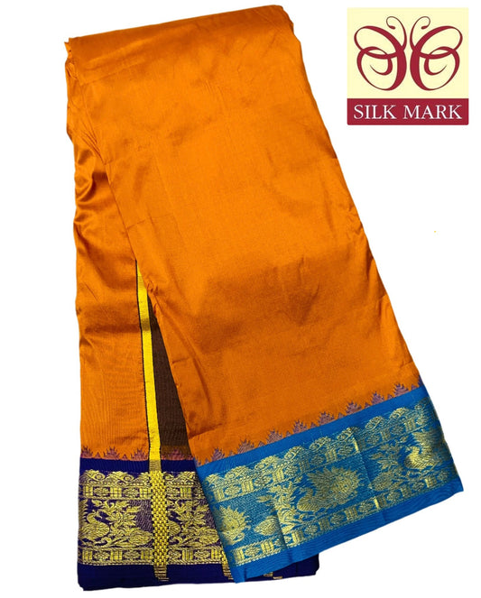 9X5 Pure Silk Dhoti Mango Yellow Colour with Sky Blue and Blue Ganga Jamuna Border